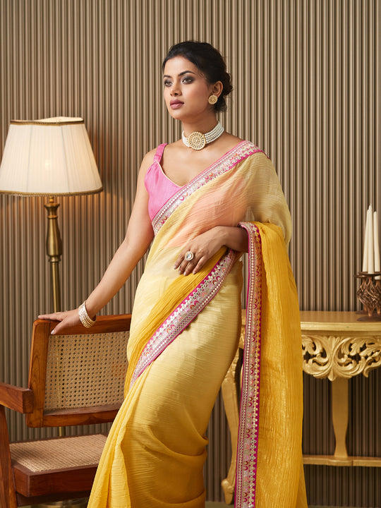 Yellow Chiffon Embroidered Saree With Blouse Piece