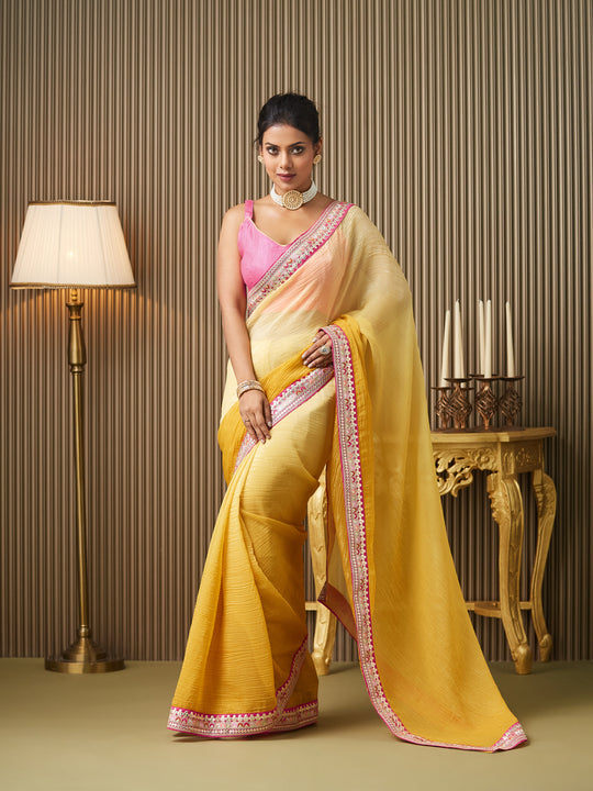 Yellow Chiffon Embroidered Saree With Blouse Piece