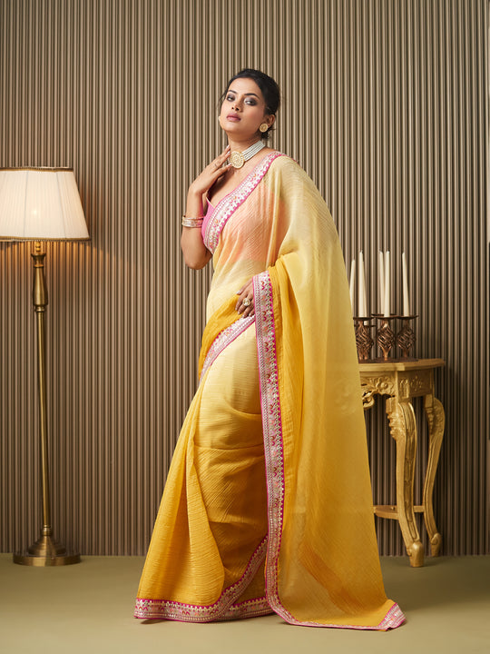 Yellow Chiffon Embroidered Saree With Blouse Piece