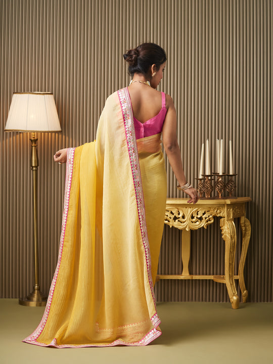 Yellow Chiffon Embroidered Saree With Blouse Piece