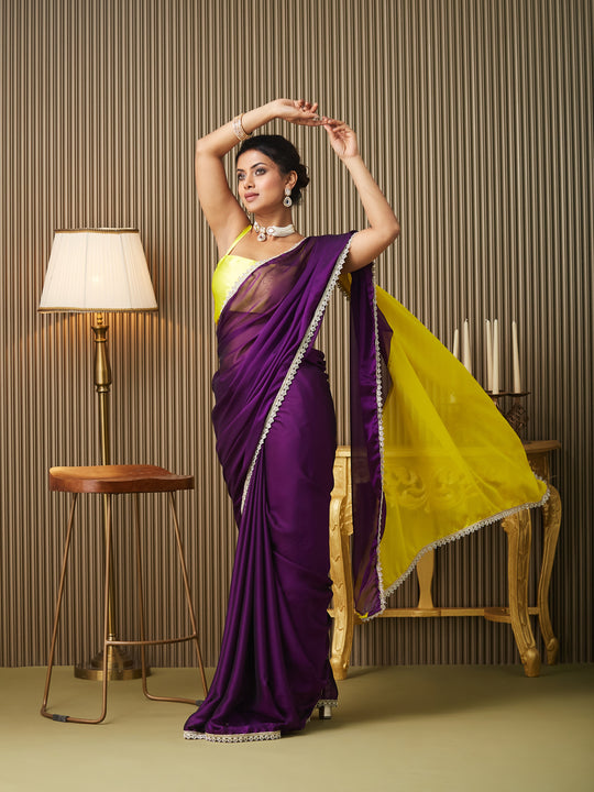 Purple Chiffon Colourblocked Saree With Blouse Piece