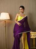 Purple Chiffon Colourblocked Saree With Blouse Piece