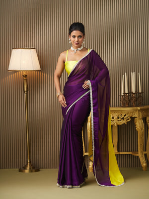 Purple Chiffon Colourblocked Saree With Blouse Piece