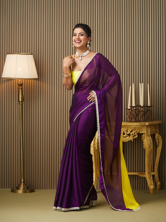 Purple Chiffon Colourblocked Saree With Blouse Piece