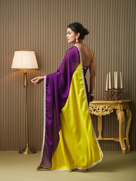 Purple Chiffon Colourblocked Saree With Blouse Piece