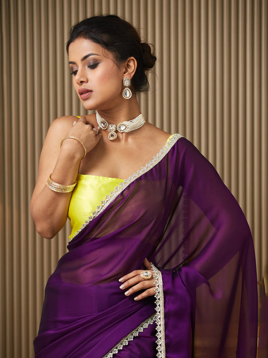 Purple Chiffon Colourblocked Saree With Blouse Piece