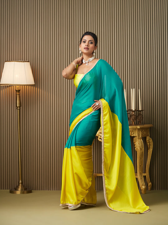 Teal Chiffon Colourblocked Saree With Blouse Piece