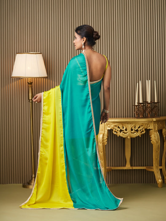 Teal Chiffon Colourblocked Saree With Blouse Piece
