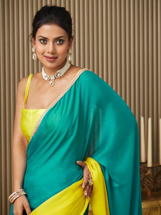 Teal Chiffon Colourblocked Saree With Blouse Piece