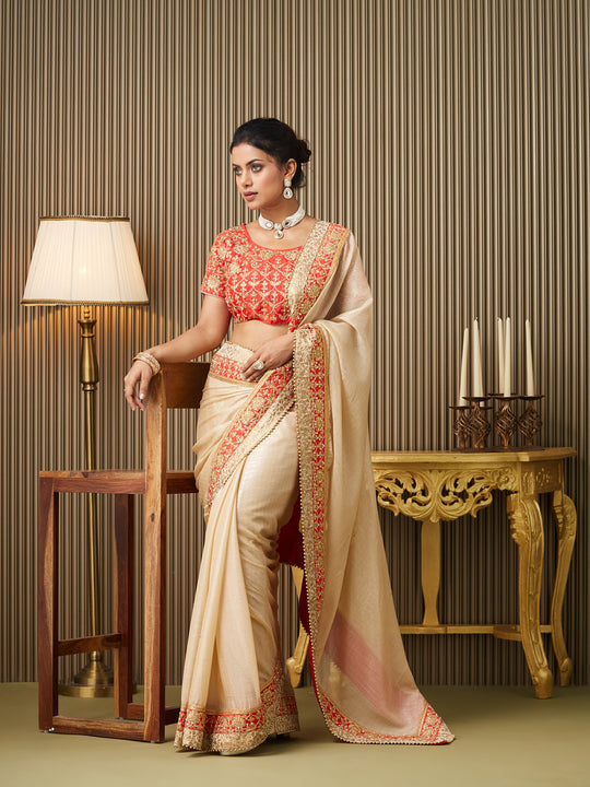 Beige Chiffon Embroidered Saree With Blouse Piece
