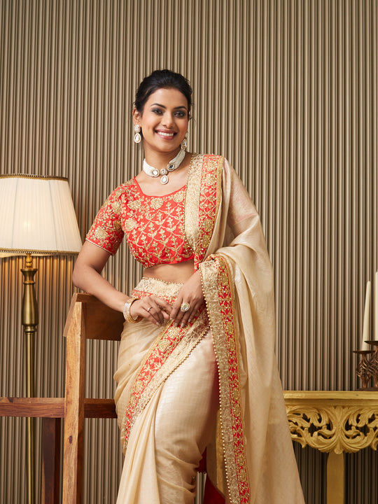 Beige Chiffon Embroidered Saree With Blouse Piece