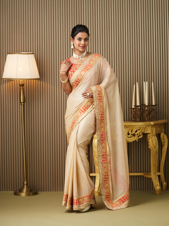 Beige Chiffon Embroidered Saree With Blouse Piece