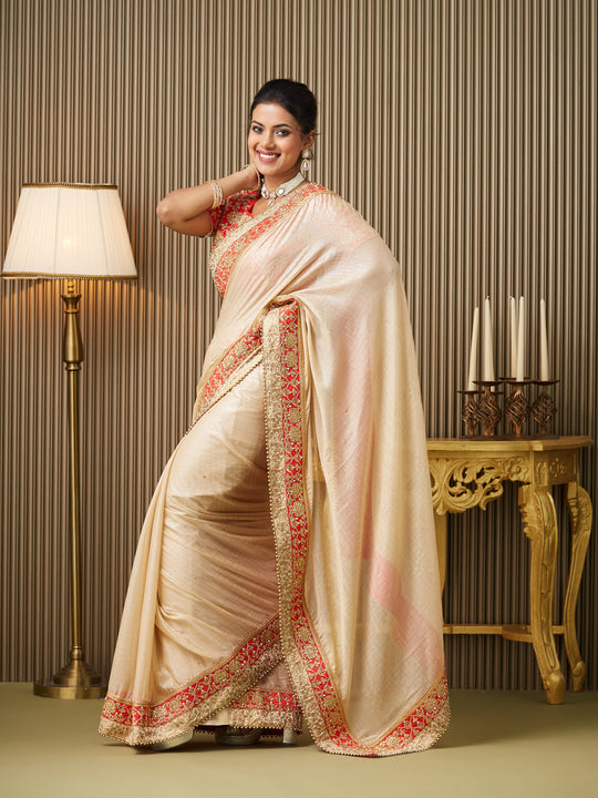 Beige Chiffon Embroidered Saree With Blouse Piece