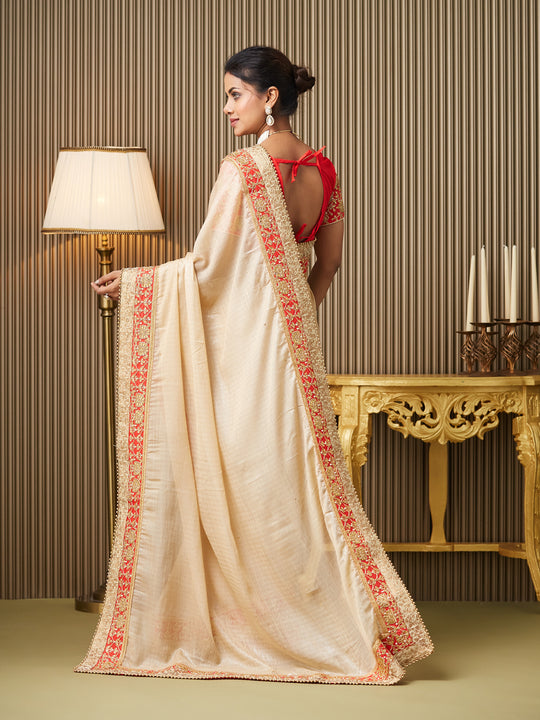 Beige Chiffon Embroidered Saree With Blouse Piece