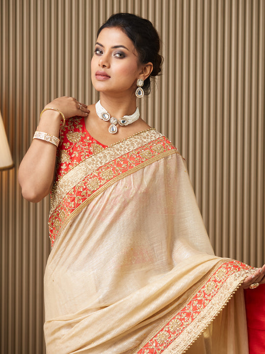 Beige Chiffon Embroidered Saree With Blouse Piece