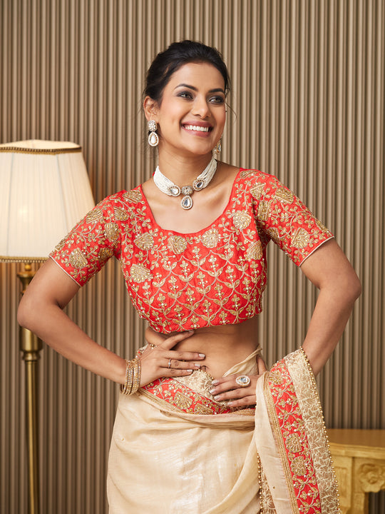 Beige Chiffon Embroidered Saree With Blouse Piece