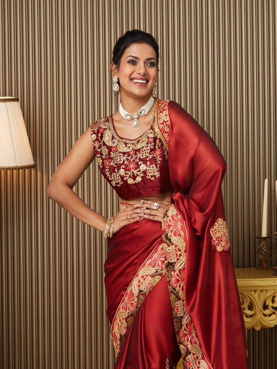 Red Satin Embroidered Saree With Blouse Piece