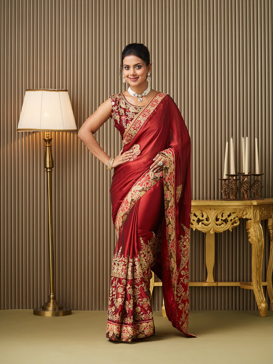 Red Satin Embroidered Saree With Blouse Piece
