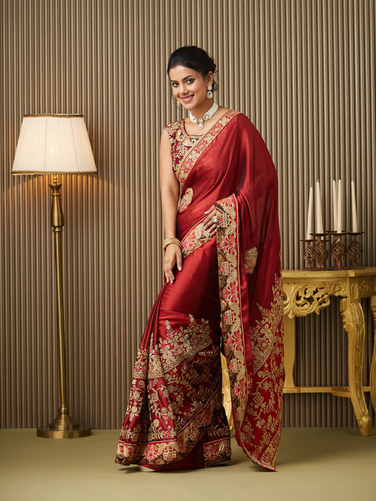 Red Satin Embroidered Saree With Blouse Piece