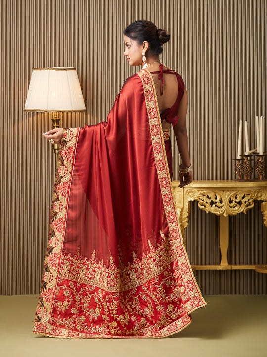 Red Satin Embroidered Saree With Blouse Piece