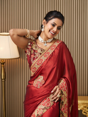 Red Satin Embroidered Saree With Blouse Piece
