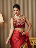 Red Satin Embroidered Saree With Blouse Piece