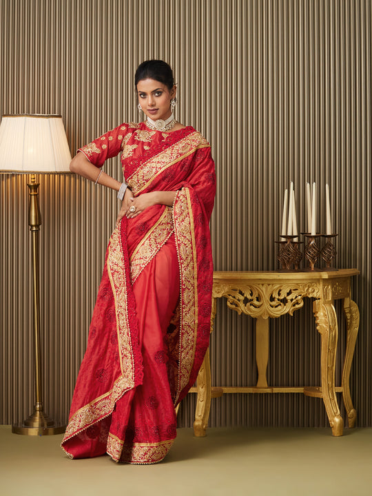 Red Satin Embroidered Saree With Blouse Piece