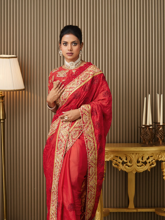 Red Satin Embroidered Saree With Blouse Piece
