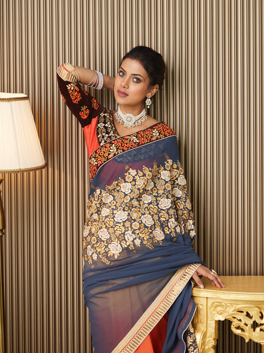 Multi Georgette Embroidered Saree With Blouse Piece