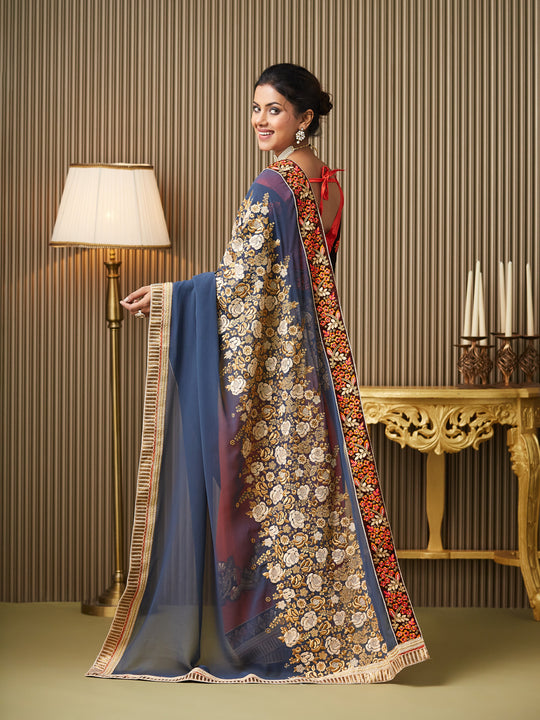 Multi Georgette Embroidered Saree With Blouse Piece