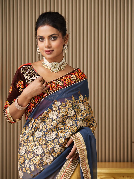 Multi Georgette Embroidered Saree With Blouse Piece