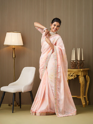 Pink Organza Embroidered Saree With Blouse Piece