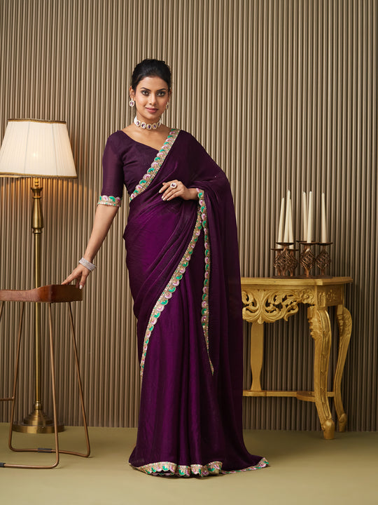 Purple Chiffon Embellished Saree With Blouse Piece