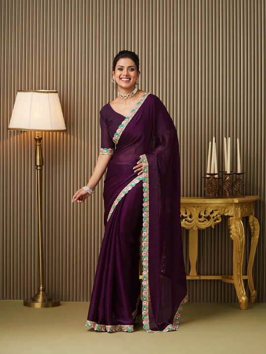 Purple Chiffon Embellished Saree With Blouse Piece