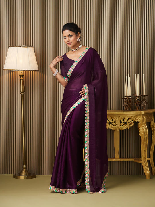 Purple Chiffon Embellished Saree With Blouse Piece