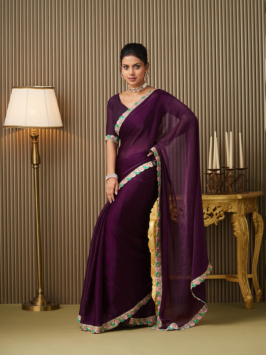 Purple Chiffon Embellished Saree With Blouse Piece