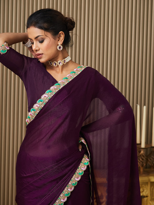 Purple Chiffon Embellished Saree With Blouse Piece