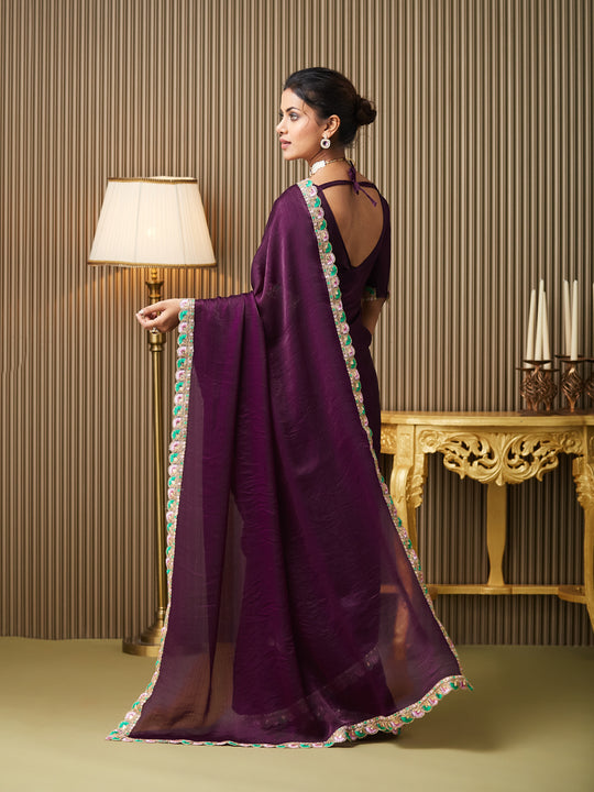 Purple Chiffon Embellished Saree With Blouse Piece
