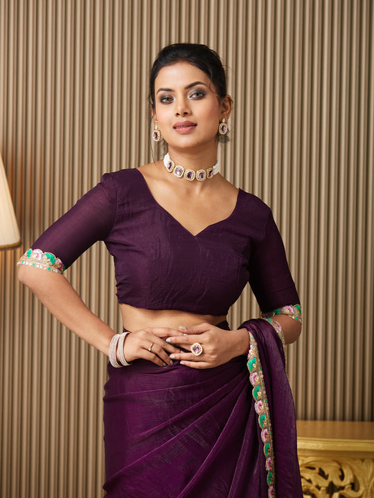 Purple Chiffon Embellished Saree With Blouse Piece