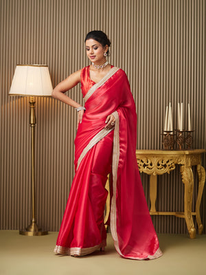 Red Organza Embellished Saree With Blouse Piece
