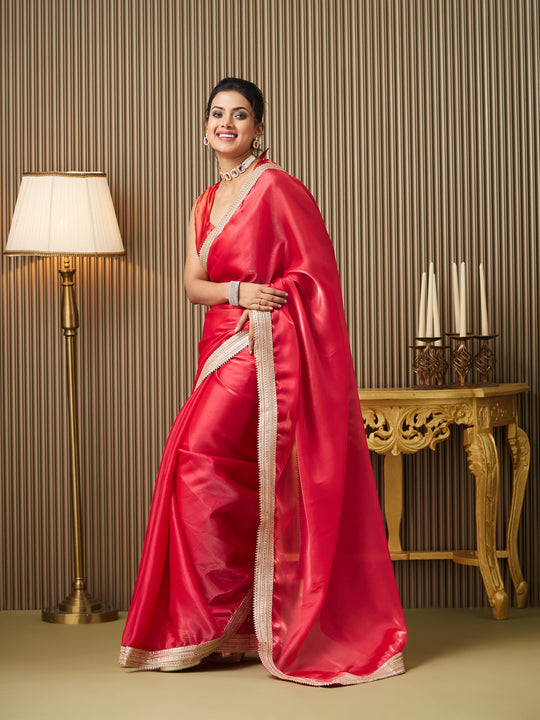 Red Organza Embellished Saree With Blouse Piece