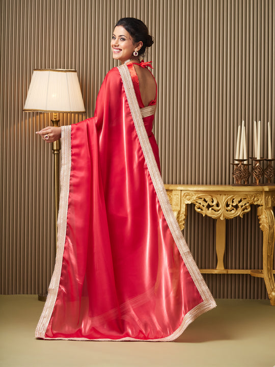 Red Organza Embellished Saree With Blouse Piece