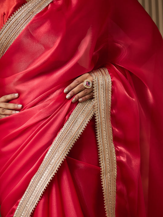 Red Organza Embellished Saree With Blouse Piece