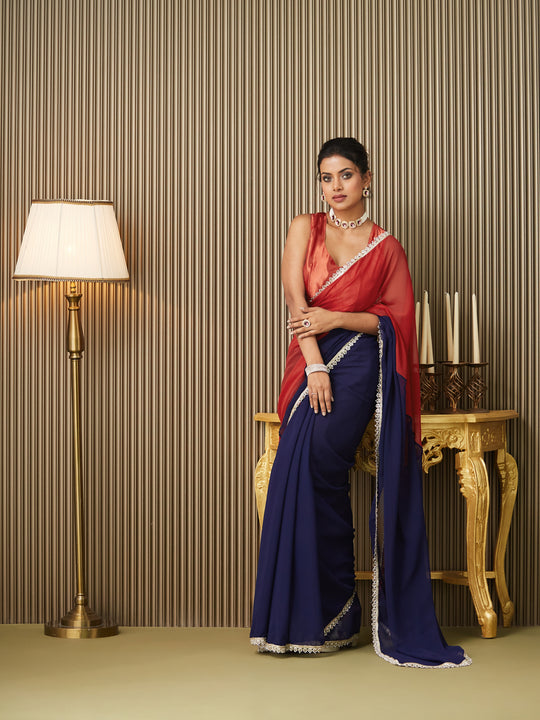 Navy Blue Chiffon Colourblocked Saree With Blouse Piece