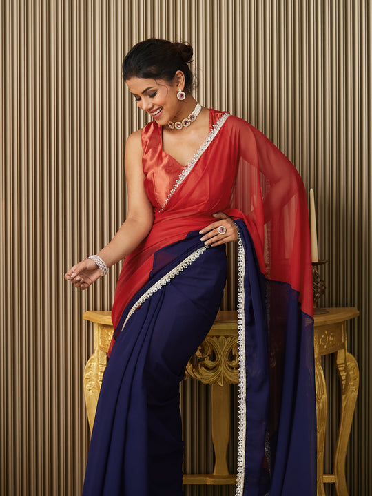 Navy Blue Chiffon Colourblocked Saree With Blouse Piece