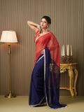 Navy Blue Chiffon Colourblocked Saree With Blouse Piece