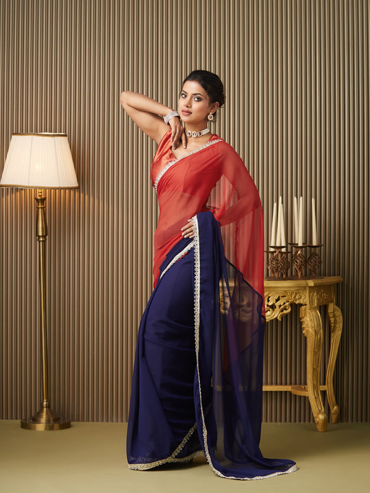 Navy Blue Chiffon Colourblocked Saree With Blouse Piece