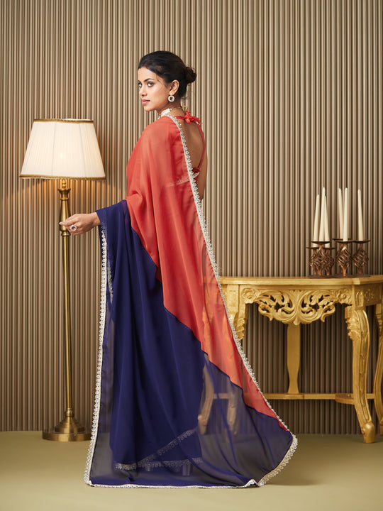 Navy Blue Chiffon Colourblocked Saree With Blouse Piece