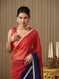Navy Blue Chiffon Colourblocked Saree With Blouse Piece