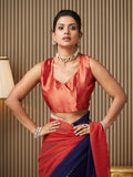 Navy Blue Chiffon Colourblocked Saree With Blouse Piece